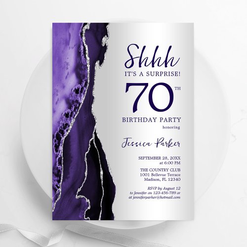 Silver Purple Agate Surprise 70th Birthday Invitation