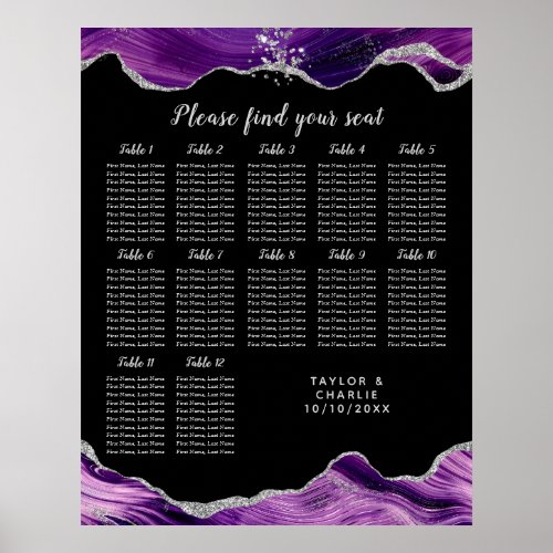 Silver Purple Agate Wedding 12 Table Seating Chart