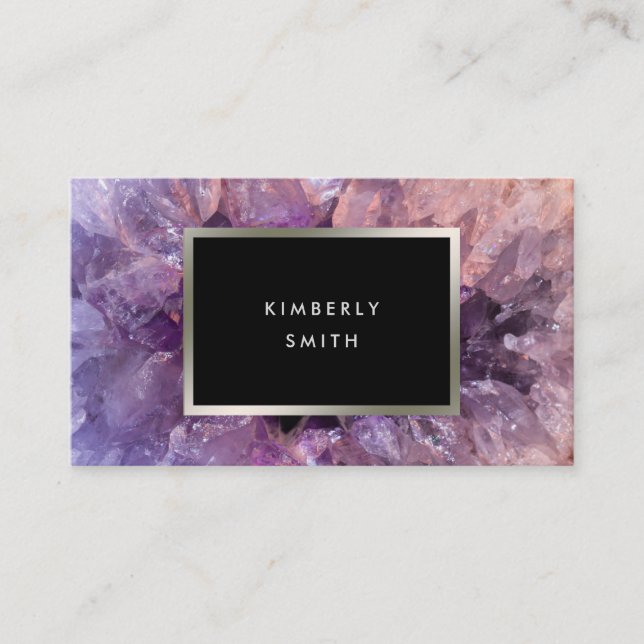 Silver purple amethyst gemstone geode. business card (Front)