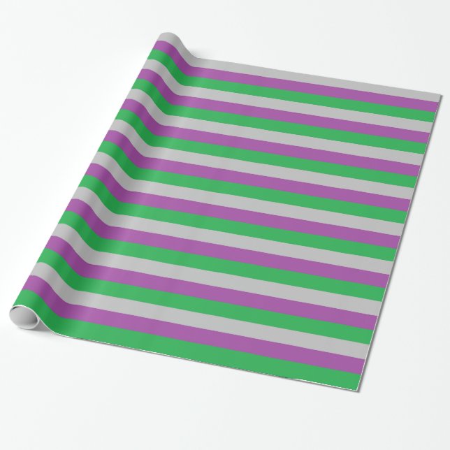 Silver, Purple and Green Stripes Wrapping Paper (Unrolled)