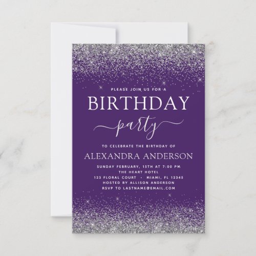 Silver Purple Any Age Birthday Modern Glitter Invitation
