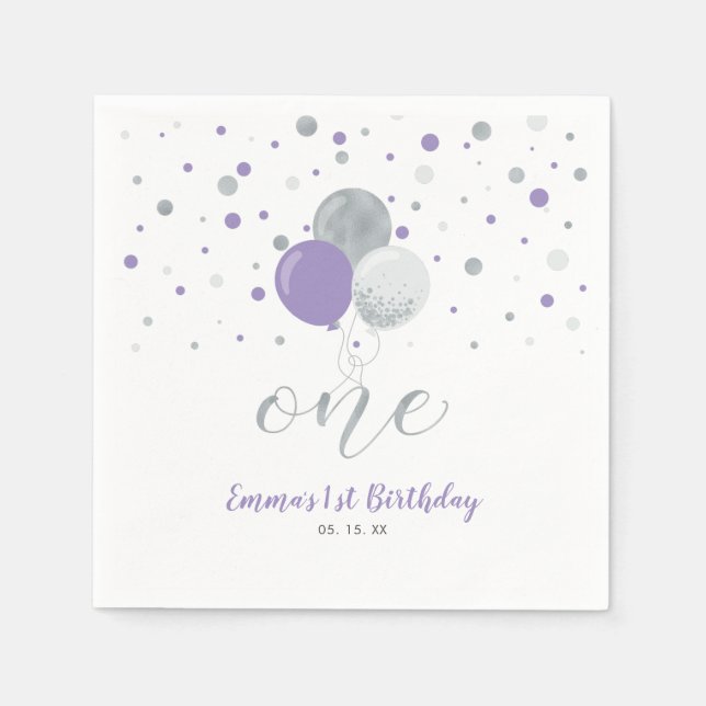 Silver & Purple Balloon Confetti Girl 1st Birthday Napkins (Front)