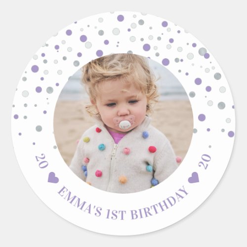Silver  Purple Balloons 1st Birthday Party Photo Classic Round Sticker