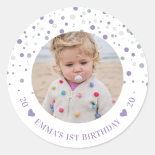 Silver & Purple Balloons 1st Birthday Party Photo Classic Round Sticker