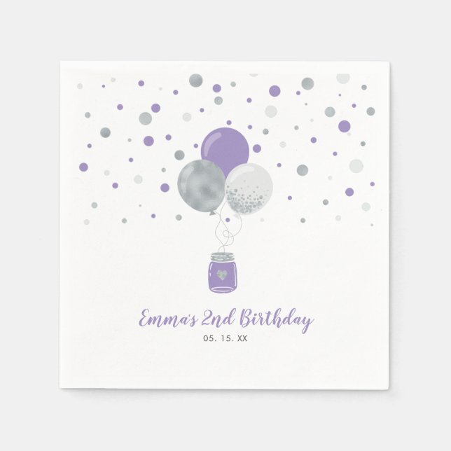 Silver & Purple Balloons, Confetti Girl Birthday Napkins (Front)