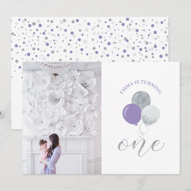 Silver & Purple Balloons | Girl 1st Birthday Party Invitation (Front/Back)
