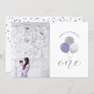 Silver & Purple Balloons Girl 1st Birthday Party Invitation