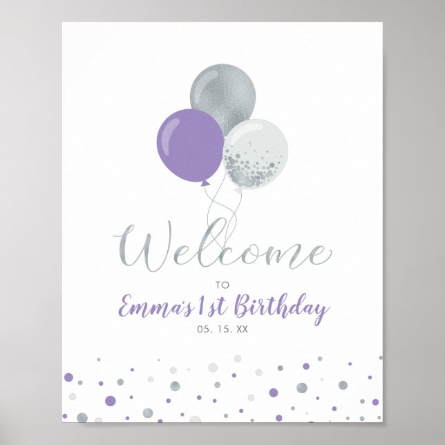 Silver & Purple Balloons Girl 1st Birthday Welcome Poster (Front)