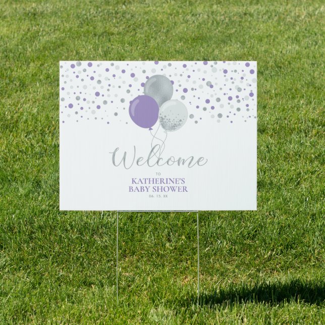 Silver Purple Balloons Girl Baby Shower Welcome Sign (Insitu)