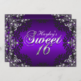 Silver Purple Black Pearl Damask Sweet 16 Invite