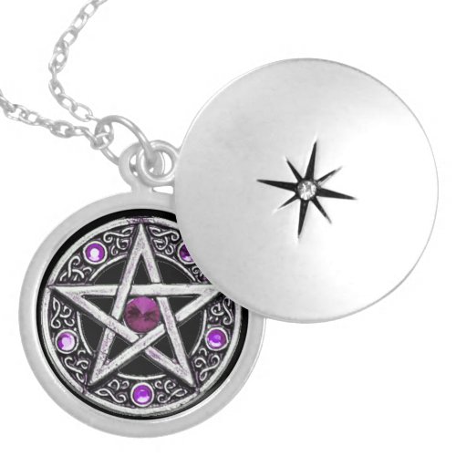 Silver Purple  Black Pentagram Locket Necklace
