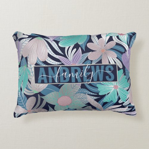 Silver Purple Blue Floral Leaves Family Accent Pillow