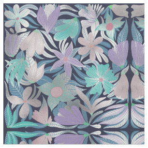 Silver Purple Blue Floral Leaves Illustrations Fabric