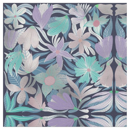 Silver Purple Blue Floral Leaves Illustrations Fabric