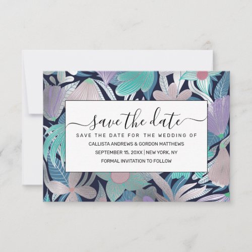 Silver Purple Blue Floral Leaves Illustrations Save The Date