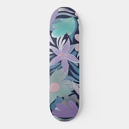 Silver Purple Blue Floral Leaves Illustrations Skateboard