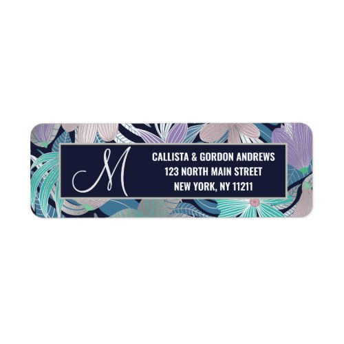 Silver Purple Blue Floral Leaves Monogram Label