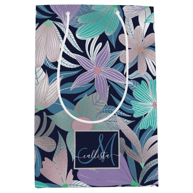 Silver Purple Blue Floral Leaves Monogram Medium Gift Bag (Front)