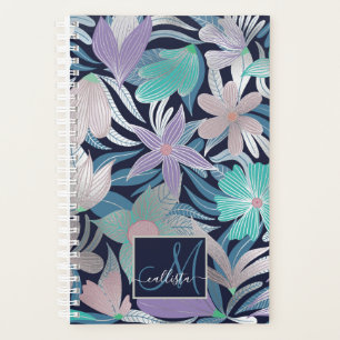 Silver Purple Blue Floral Leaves Monogram Planner