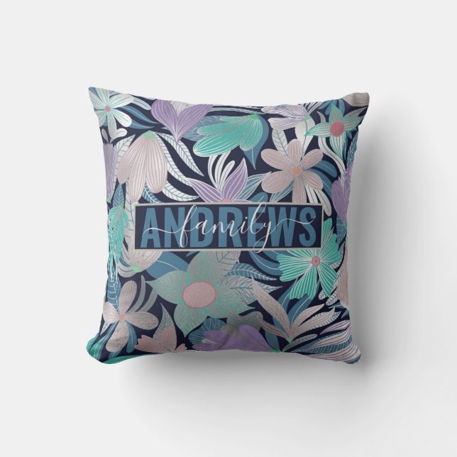 Silver Purple Blue Floral Leaves Monogram Throw Pillow (Front)
