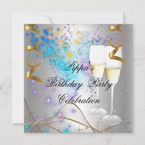 Silver Purple Blue Gold Birthday Party Champagne Announcements