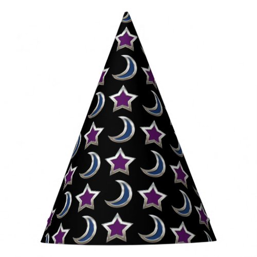 Silver Purple Blue Stars and Moons Pattern Black Party Hat