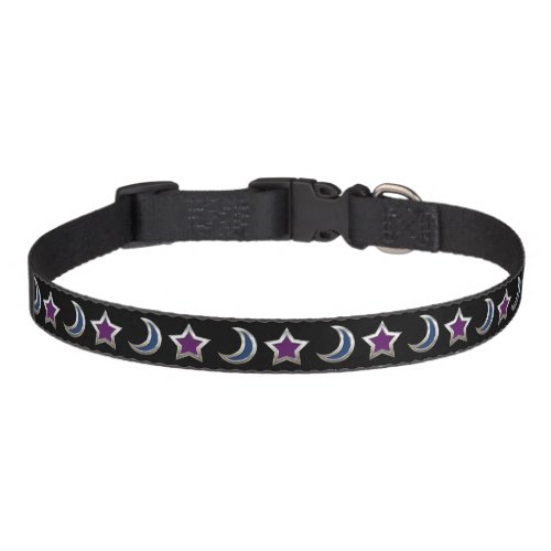Silver Purple Blue Stars and Moons Pattern Black Pet Collar
