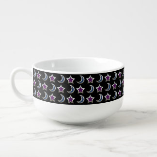Silver Purple Blue Stars and Moons Pattern Black Soup Mug