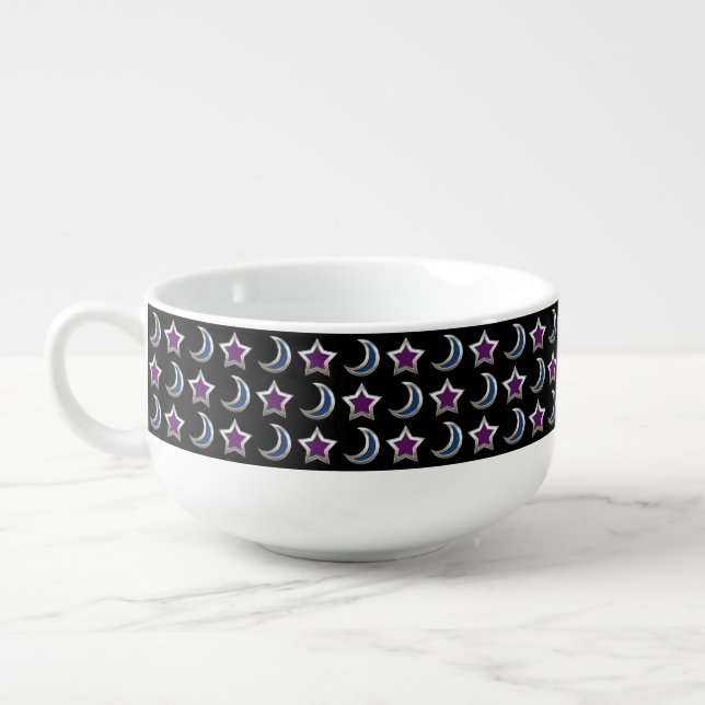 Silver Purple Blue Stars and Moons Pattern Black Soup Mug (Right)