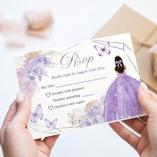 Silver Purple Boho Butterfly Quinceaera RSVP Card