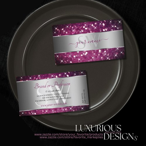 Silver Purple Burgundy Glitter Stars and Initials Business Card