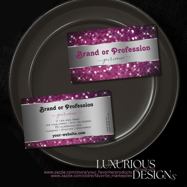 Silver Purple Burgundy Glitter Stars Elegance Business Card (Creator Uploaded)