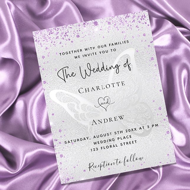 Silver purple butterfly elegant wedding invitation postcard (Creator Uploaded)