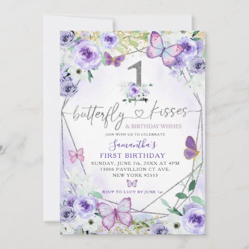 Silver Purple Butterfly Kisses Girl First Birthday Invitation