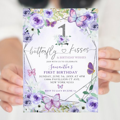 Silver Purple Butterfly Kisses Girl First Birthday Invitation