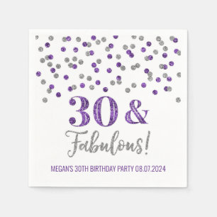 Silver Purple Confetti 30 & Fabulous  Napkins