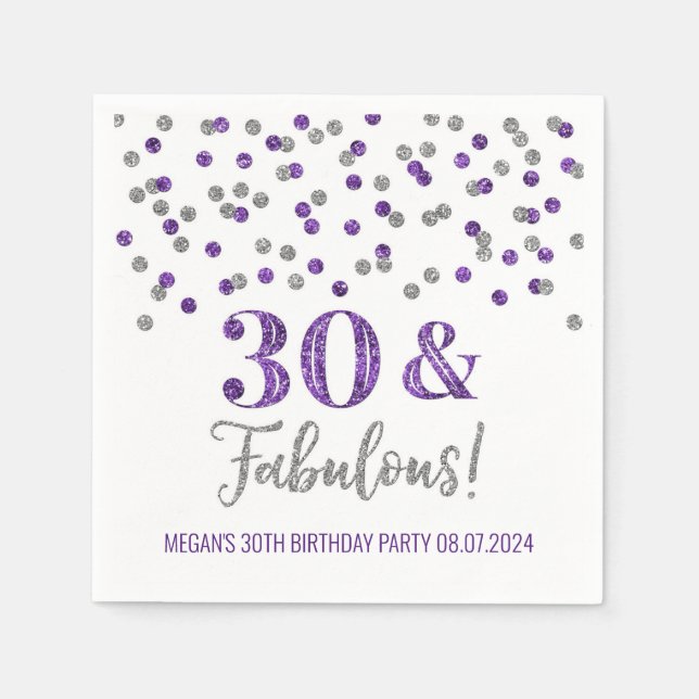 Silver Purple Confetti 30 & Fabulous  Napkins (Front)