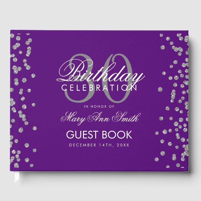 Silver Purple Confetti 30th Birthday Party Guest Book (Front)