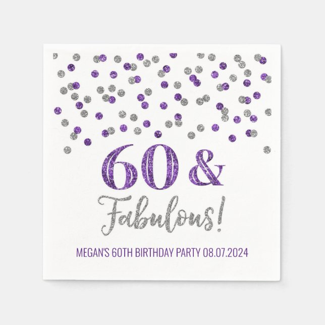 Silver Purple Confetti 60 & Fabulous Napkins (Front)