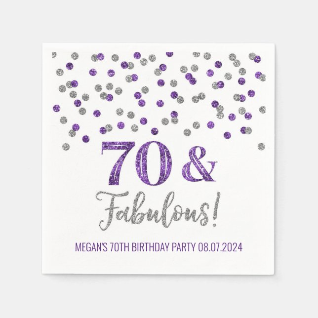 Silver Purple Confetti 70 & Fabulous  Napkins (Front)