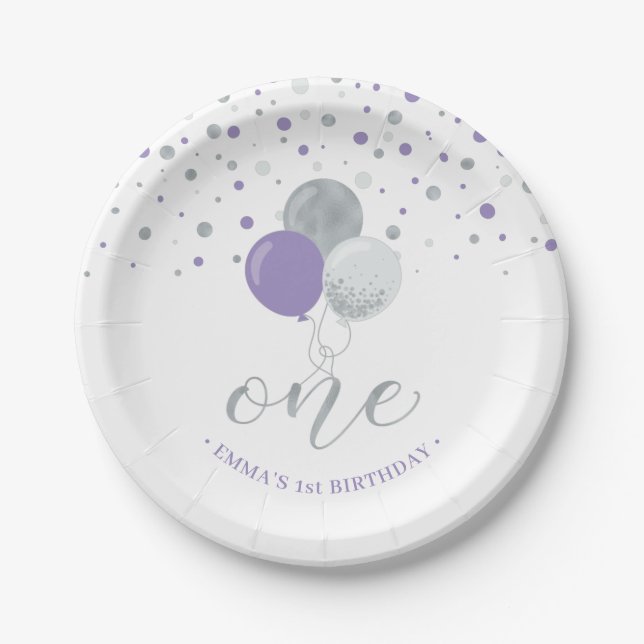 Silver Purple Confetti Balloons 1st Birthday Party Paper Plates (Front)