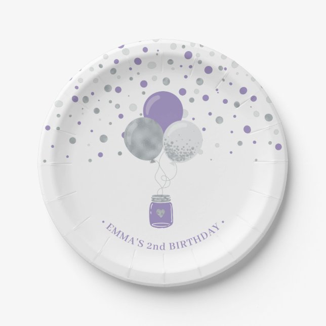Silver & Purple Confetti Balloons Girl Birthday Paper Plates (Front)
