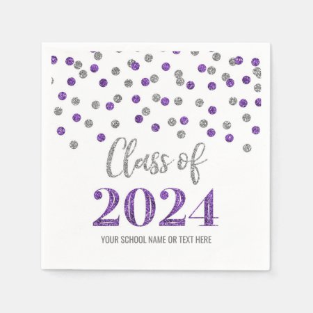 Silver Purple Confetti Class Of 2024  Napkins