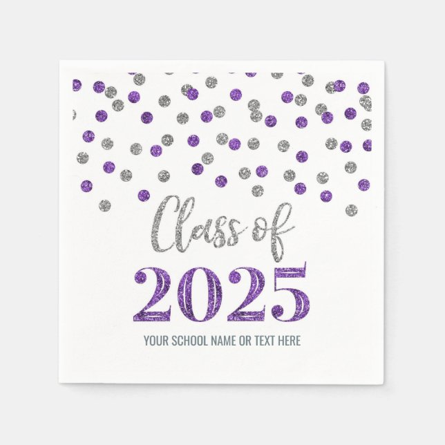 Silver Purple Confetti Class of 2025 Napkins (Front)