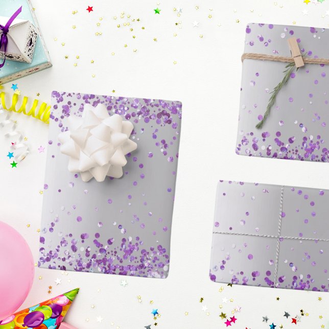 Silver purple confetti sparkle Christmas Xmas Wrapping Paper Sheets (Creator Uploaded)