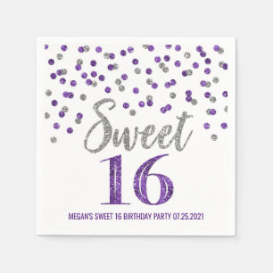 Silver Purple Confetti Sweet 16 Birthday Napkins