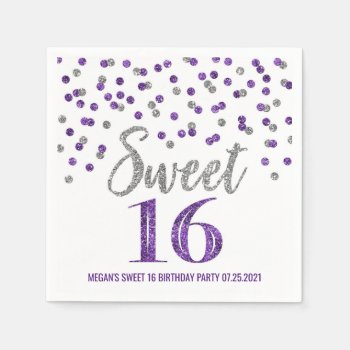 Silver Purple Confetti Sweet 16 Birthday Napkins by DreamingMindCards at Zazzle