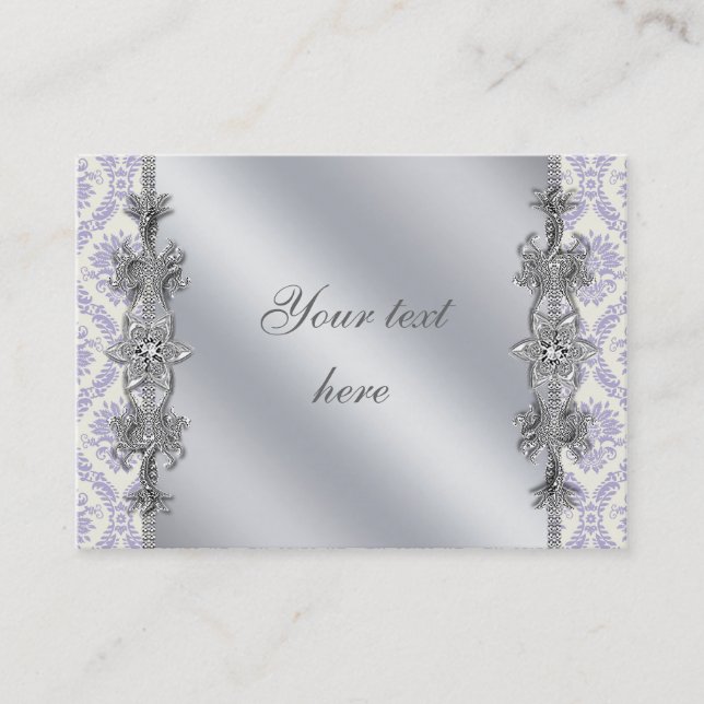 Silver Purple Damask Business Card Template (Front)