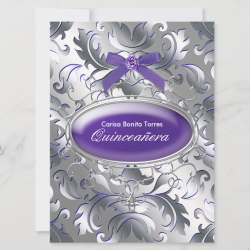 Silver Purple Damask Elegant Purple Quinceanera Announcement
