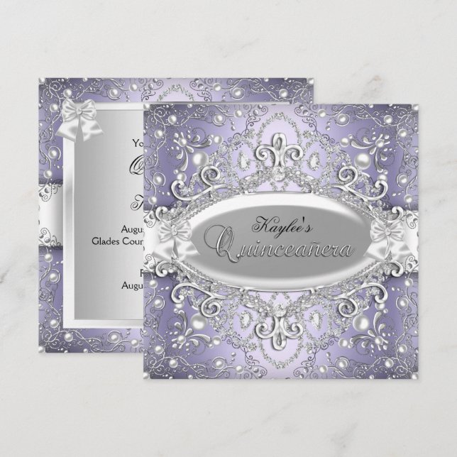 Silver & Purple Damask Pearl Quinceanera Invite (Front/Back)